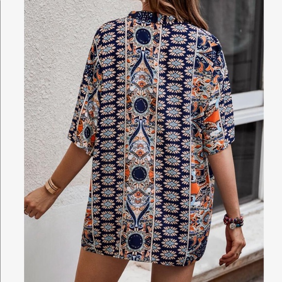 Boho Floral Paisley Print Open Front Kimono Top Shirt Blouse Shorts Set PINK - Picture 10 of 14